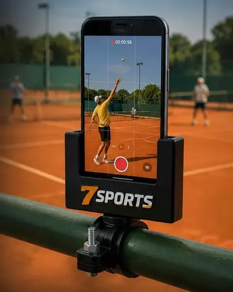 Suporte de celular articulado 7 Sports preso no tubo do alambrado, com o celular gravando um jogo numa quadra de saibro